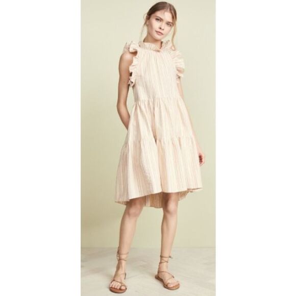 Ulla Johnson Tamsin Striped Cotton Ruffle Flutter Sleeve Dress Sz. 0 - Picture 1 of 10